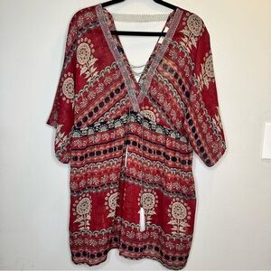 Kye Mi Women Bohemian Tunic Floral Print V- neck Oversized Beachwear Blouse Sz S